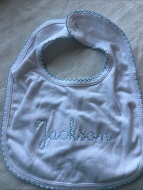 Personalized White Baby Bib with Blue Trim - Classic Kids Accessory